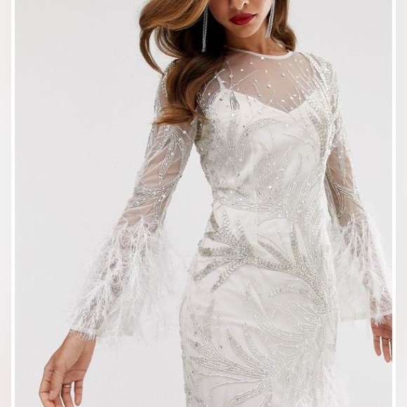 ASOS Elegant Silver Beaded White Feathered Women's Dress - Picture 3 of 4